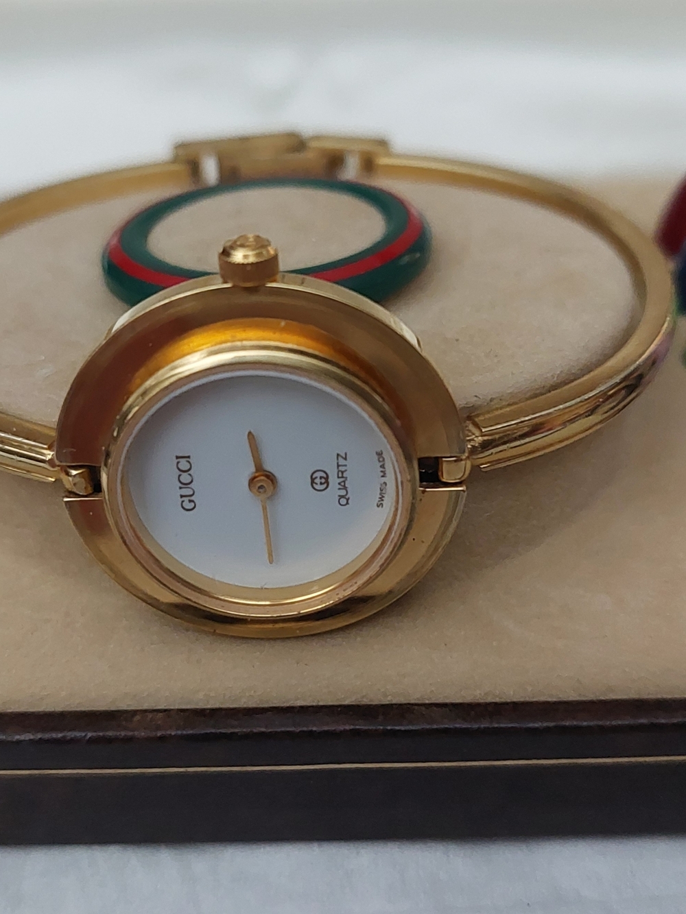GUCCI Gold Tone Bangle Watch with White Dial